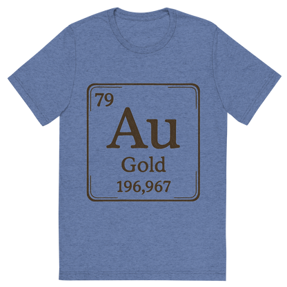 Front view of a Premium Tri-Blend Crew Neck T-Shirt in Blue showing 'A line art, nostalgic graphic of gold's entry on the periodic table, use a dark color for the lines and text'