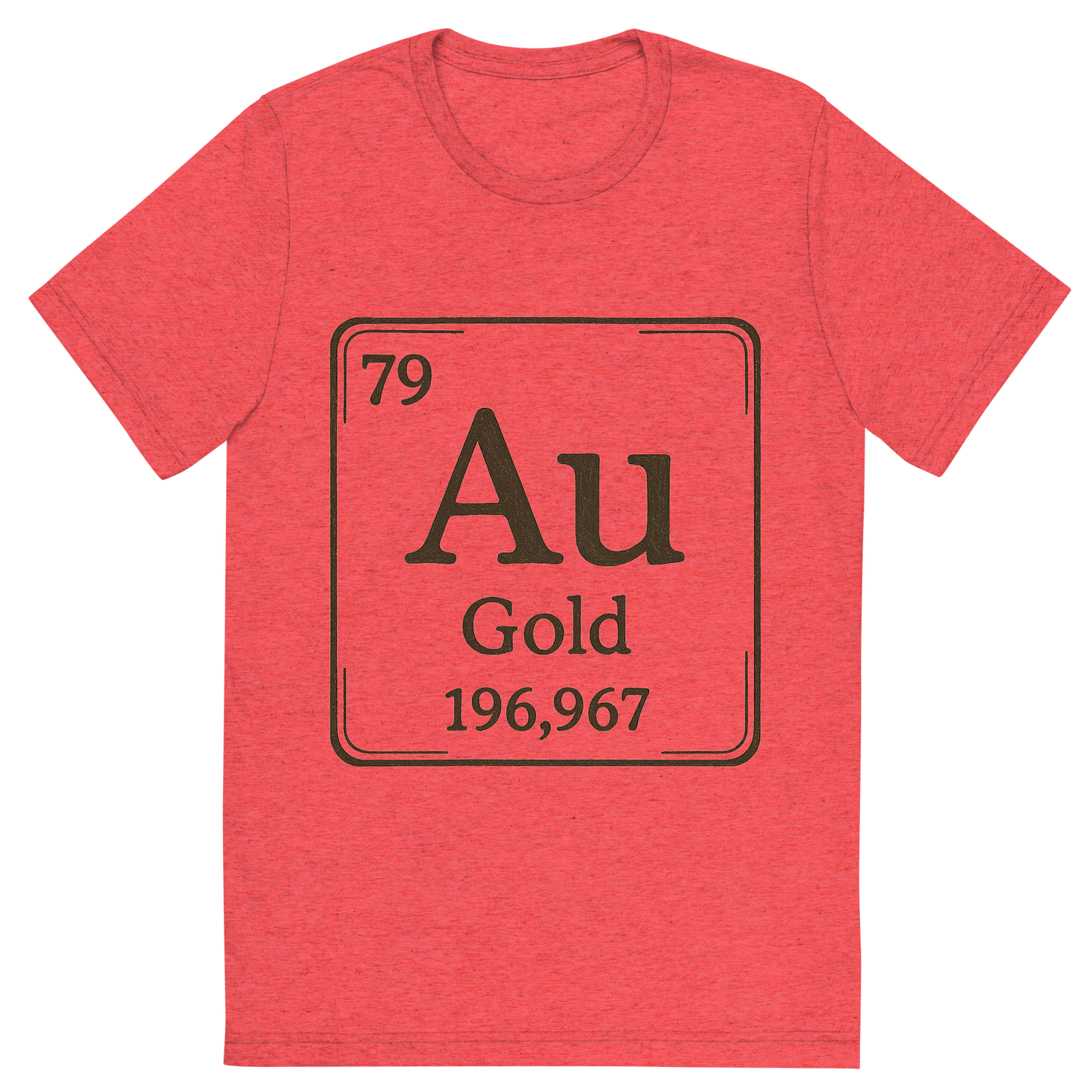 Front view of a Premium Tri-Blend Crew Neck T-Shirt in Red showing 'A line art, nostalgic graphic of gold's entry on the periodic table, use a dark color for the lines and text'