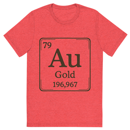 Front view of a Premium Tri-Blend Crew Neck T-Shirt in Red showing 'A line art, nostalgic graphic of gold's entry on the periodic table, use a dark color for the lines and text'