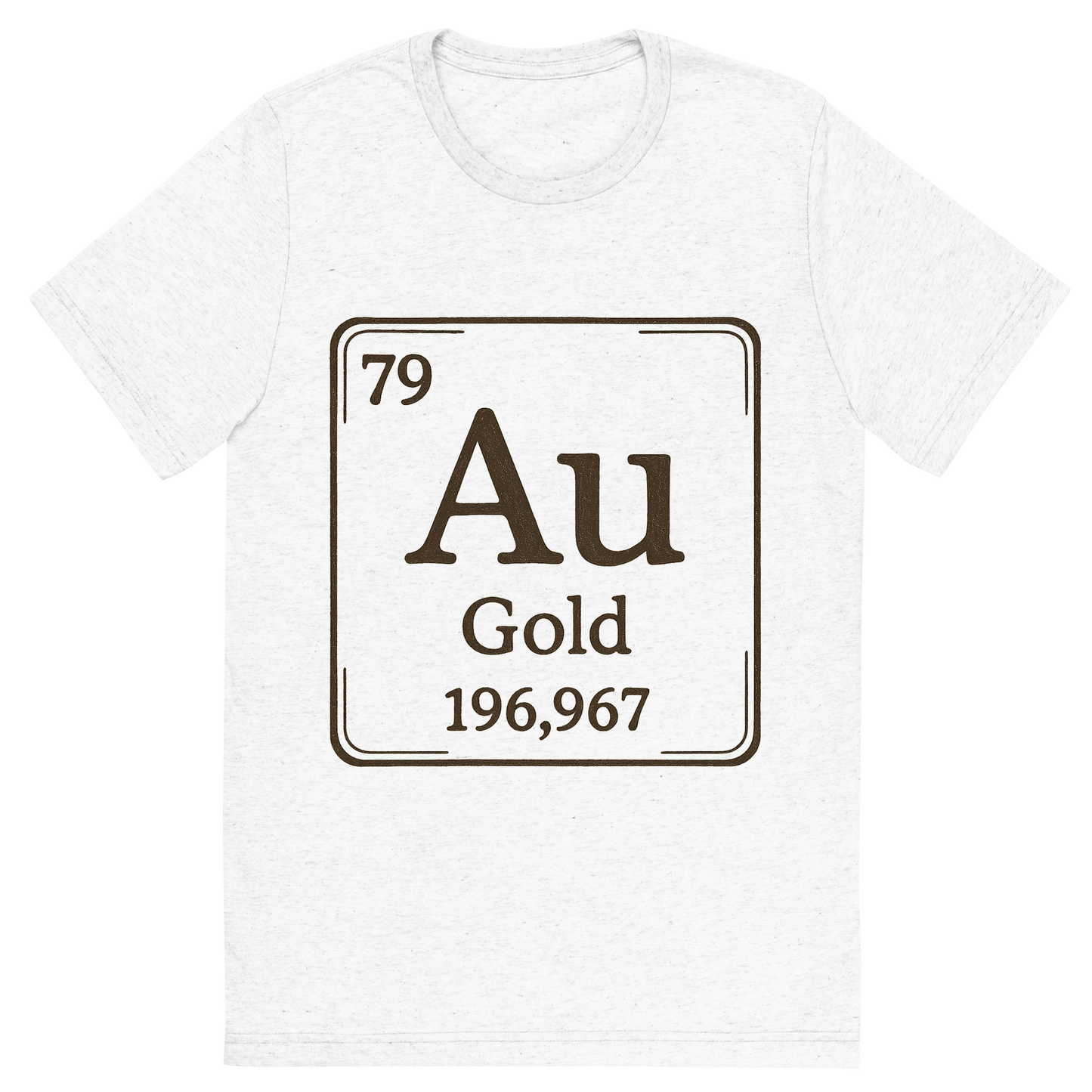 Front view of a Premium Tri-Blend Crew Neck T-Shirt in Solid White showing 'A line art, nostalgic graphic of gold's entry on the periodic table, use a dark color for the lines and text'