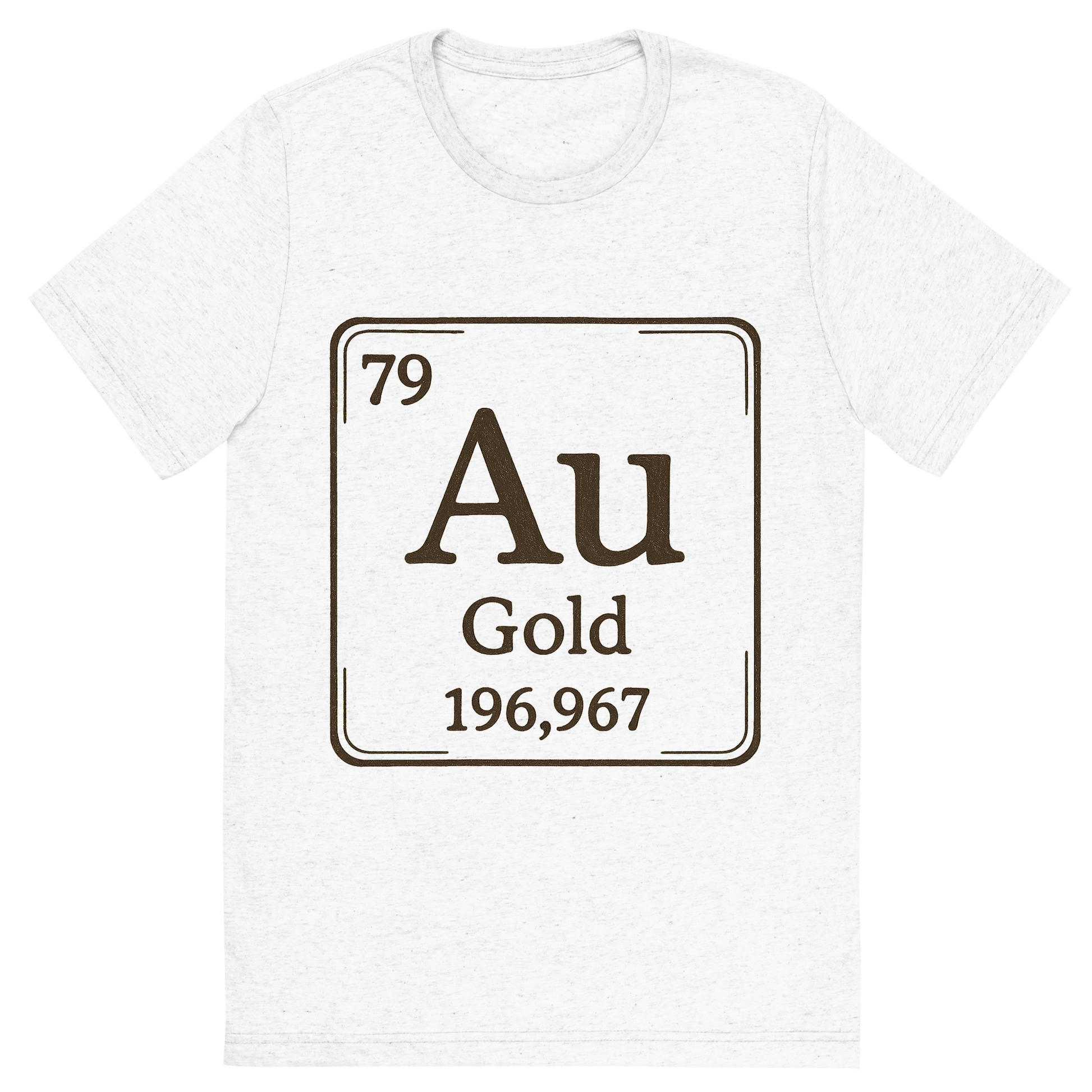 Front view of a Premium Tri-Blend Crew Neck T-Shirt in Solid White showing 'A line art, nostalgic graphic of gold's entry on the periodic table, use a dark color for the lines and text'