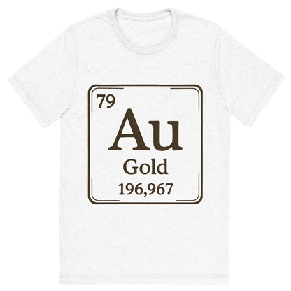Front view of a Premium Tri-Blend Crew Neck T-Shirt in Solid White showing 'A line art, nostalgic graphic of gold's entry on the periodic table, use a dark color for the lines and text'