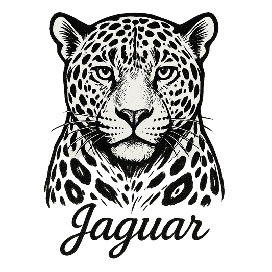 A flat, neutral graphic of a bold sketch of a jaguar with large rosettes and strong jawline. “jaguar” appears in elegant script below. detailed ink illustration on a white background. - a t-shirt design