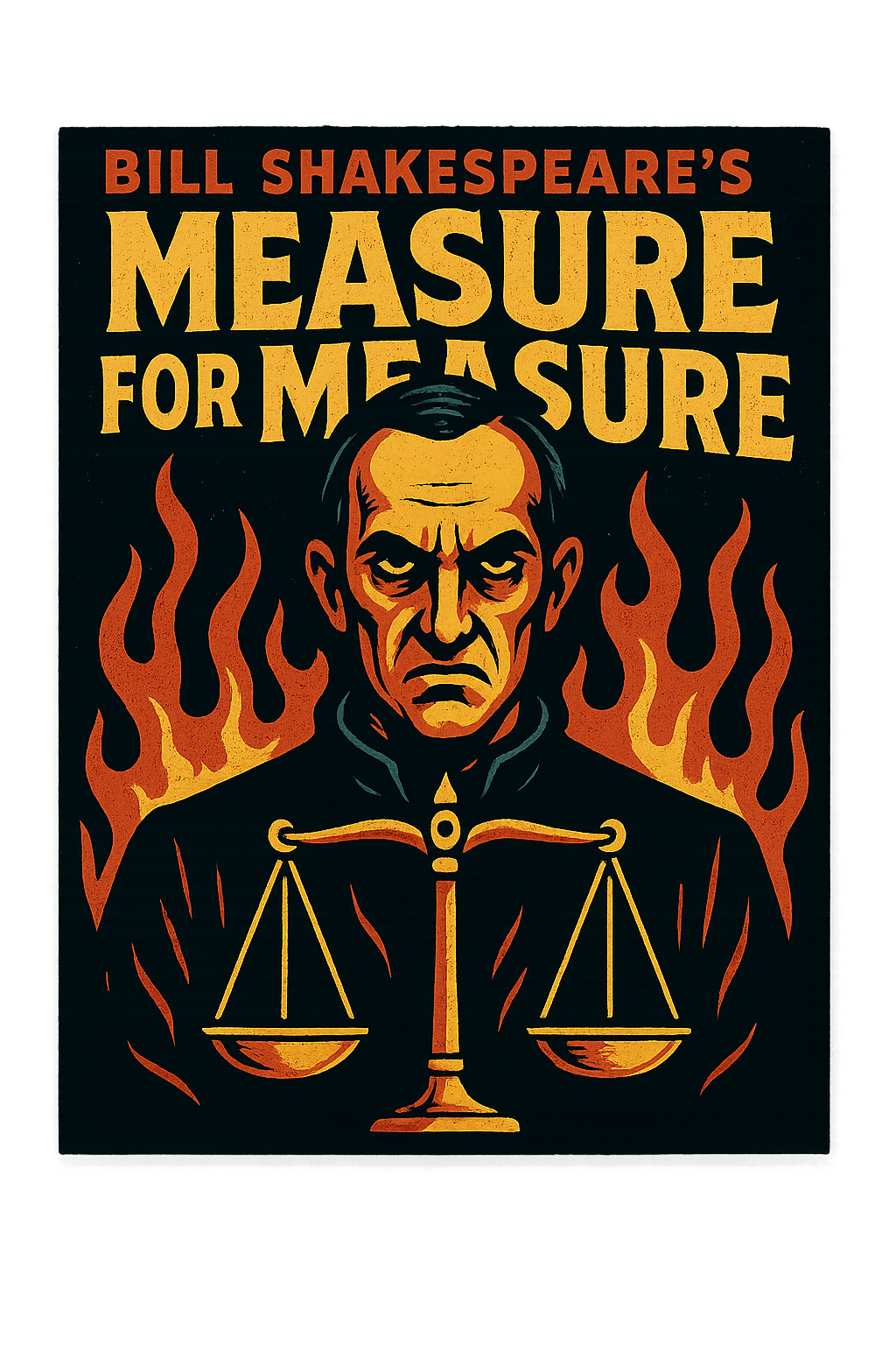 A retro, edgy graphic of a visual representation of a key theme and character from william shakespeare's measure for measure – a t-shirt design