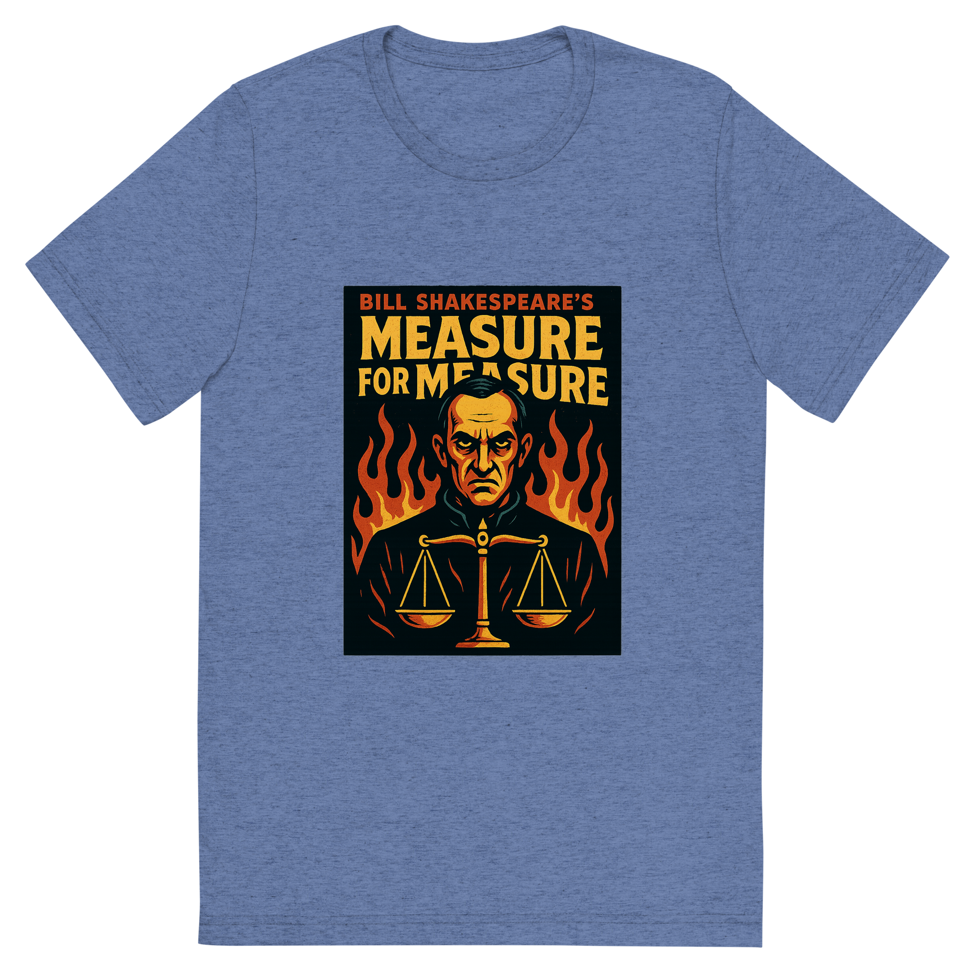 Front view of a Premium Tri-Blend Crew Neck T-Shirt in Blue showing 'A retro, edgy graphic of a visual representation of a key theme and character from william shakespeare's measure for measure'