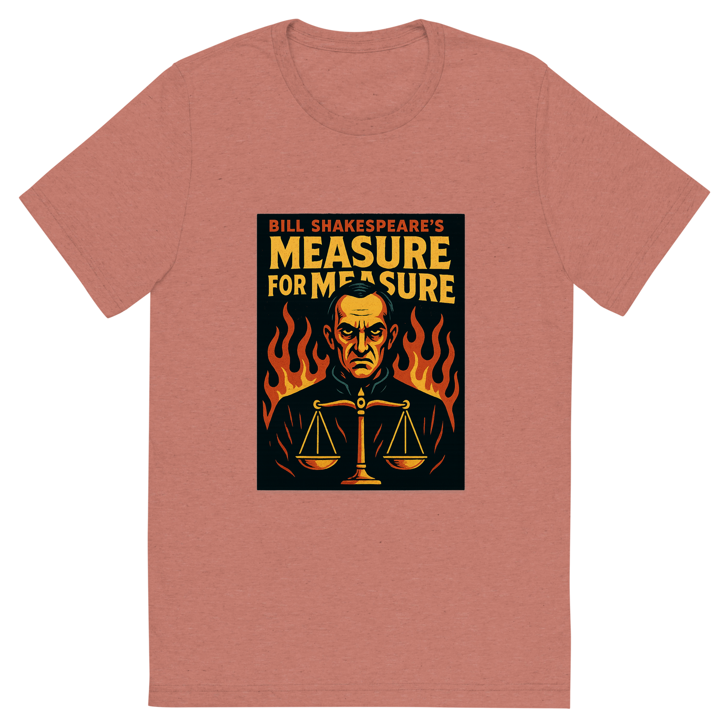 Front view of a Premium Tri-Blend Crew Neck T-Shirt in Mauve showing 'A retro, edgy graphic of a visual representation of a key theme and character from william shakespeare's measure for measure'