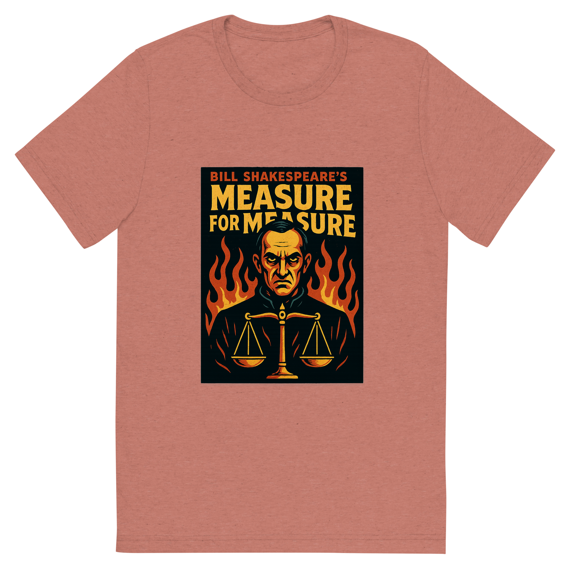 Front view of a Premium Tri-Blend Crew Neck T-Shirt in Mauve showing 'A retro, edgy graphic of a visual representation of a key theme and character from william shakespeare's measure for measure'