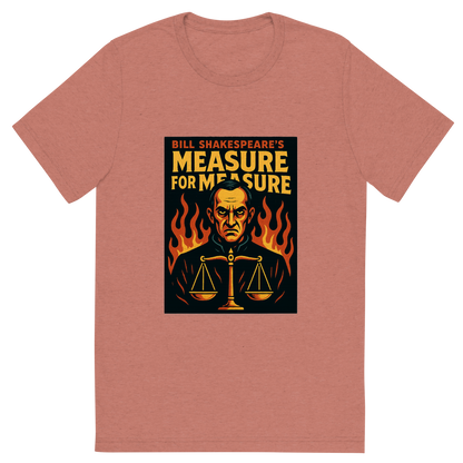 Front view of a Premium Tri-Blend Crew Neck T-Shirt in Mauve showing 'A retro, edgy graphic of a visual representation of a key theme and character from william shakespeare's measure for measure'