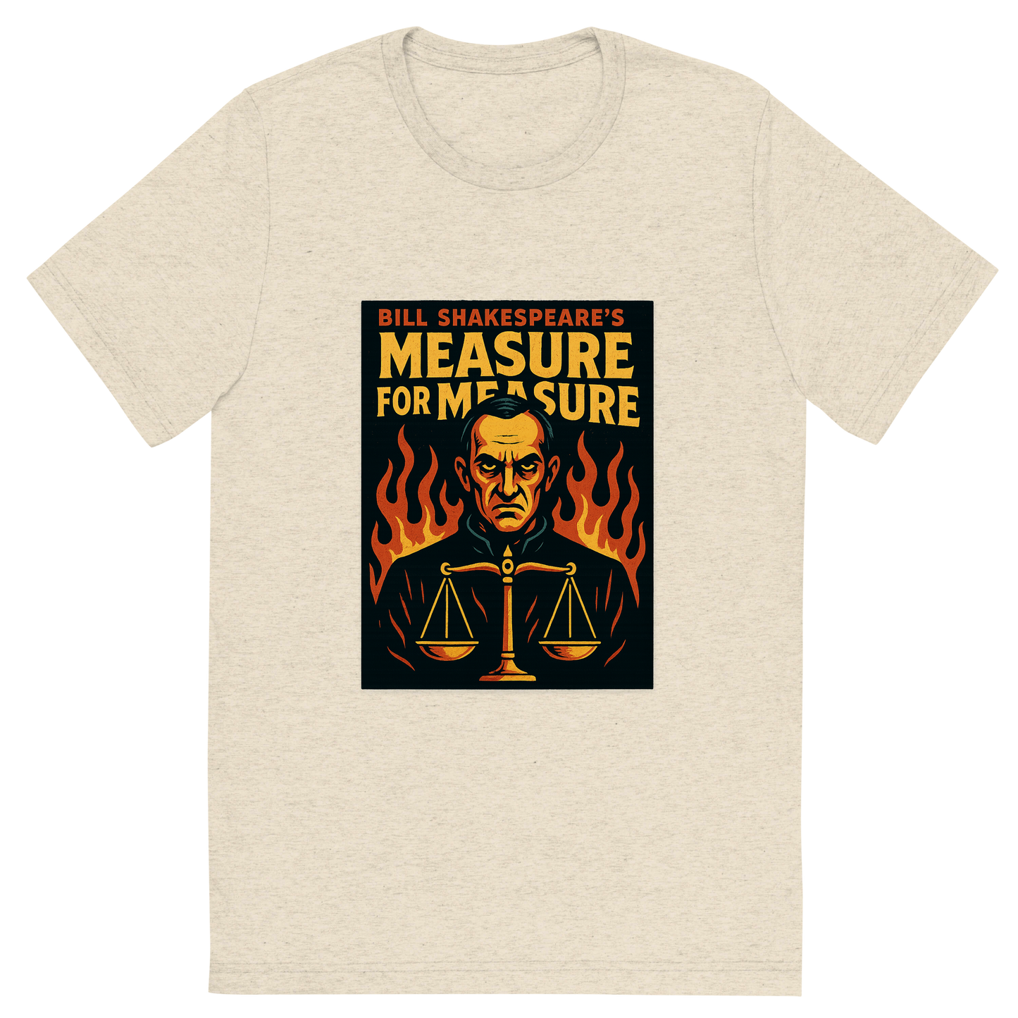 Front view of a Premium Tri-Blend Crew Neck T-Shirt in Oatmeal showing 'A retro, edgy graphic of a visual representation of a key theme and character from william shakespeare's measure for measure'