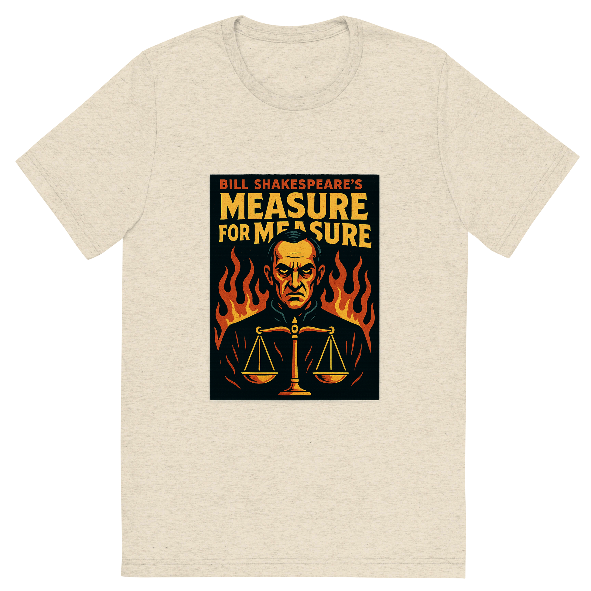 Front view of a Premium Tri-Blend Crew Neck T-Shirt in Oatmeal showing 'A retro, edgy graphic of a visual representation of a key theme and character from william shakespeare's measure for measure'