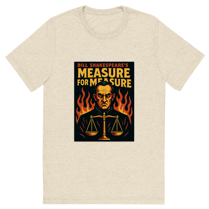 Front view of a Premium Tri-Blend Crew Neck T-Shirt in Oatmeal showing 'A retro, edgy graphic of a visual representation of a key theme and character from william shakespeare's measure for measure'