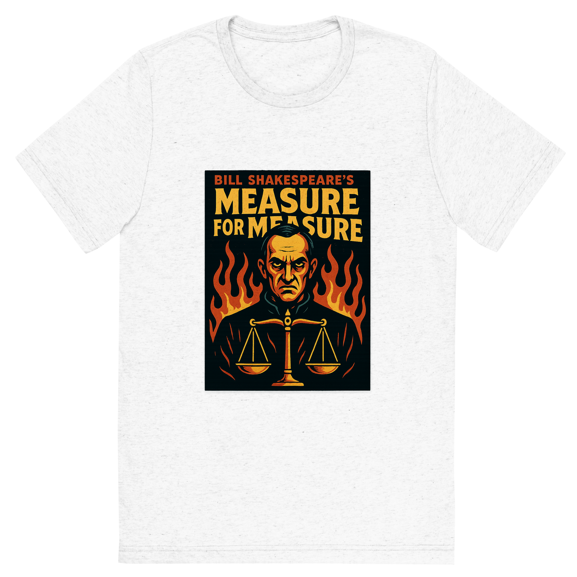 Front view of a Premium Tri-Blend Crew Neck T-Shirt in Solid White showing 'A retro, edgy graphic of a visual representation of a key theme and character from william shakespeare's measure for measure'