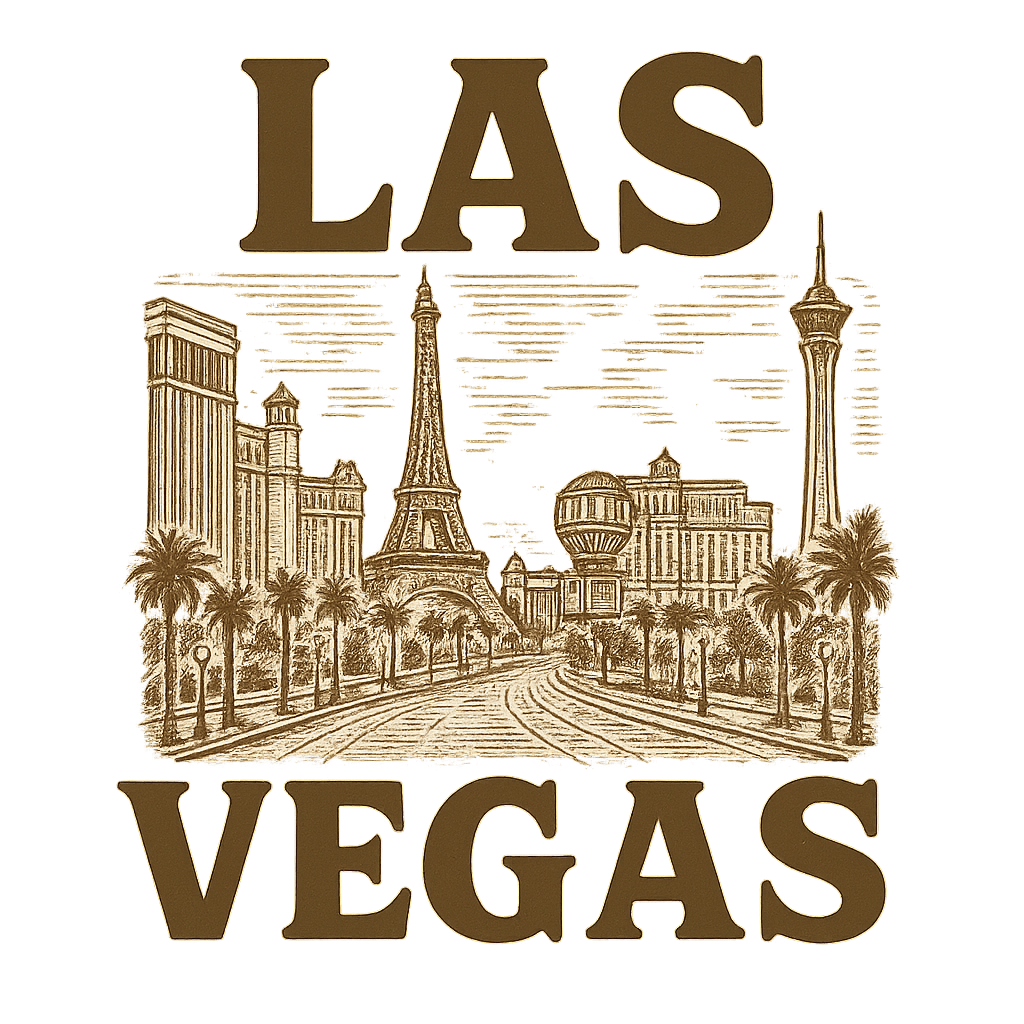 A typographic, nostalgic graphic of a typographic illustration of the words 'las vegas' with a vintage line art drawing of the strip – a t-shirt design
