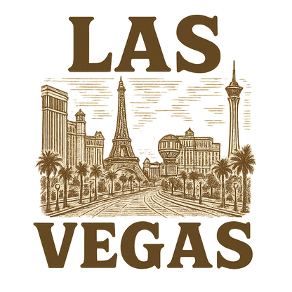 A typographic, nostalgic graphic of a typographic illustration of the words 'las vegas' with a vintage line art drawing of the strip – a t-shirt design