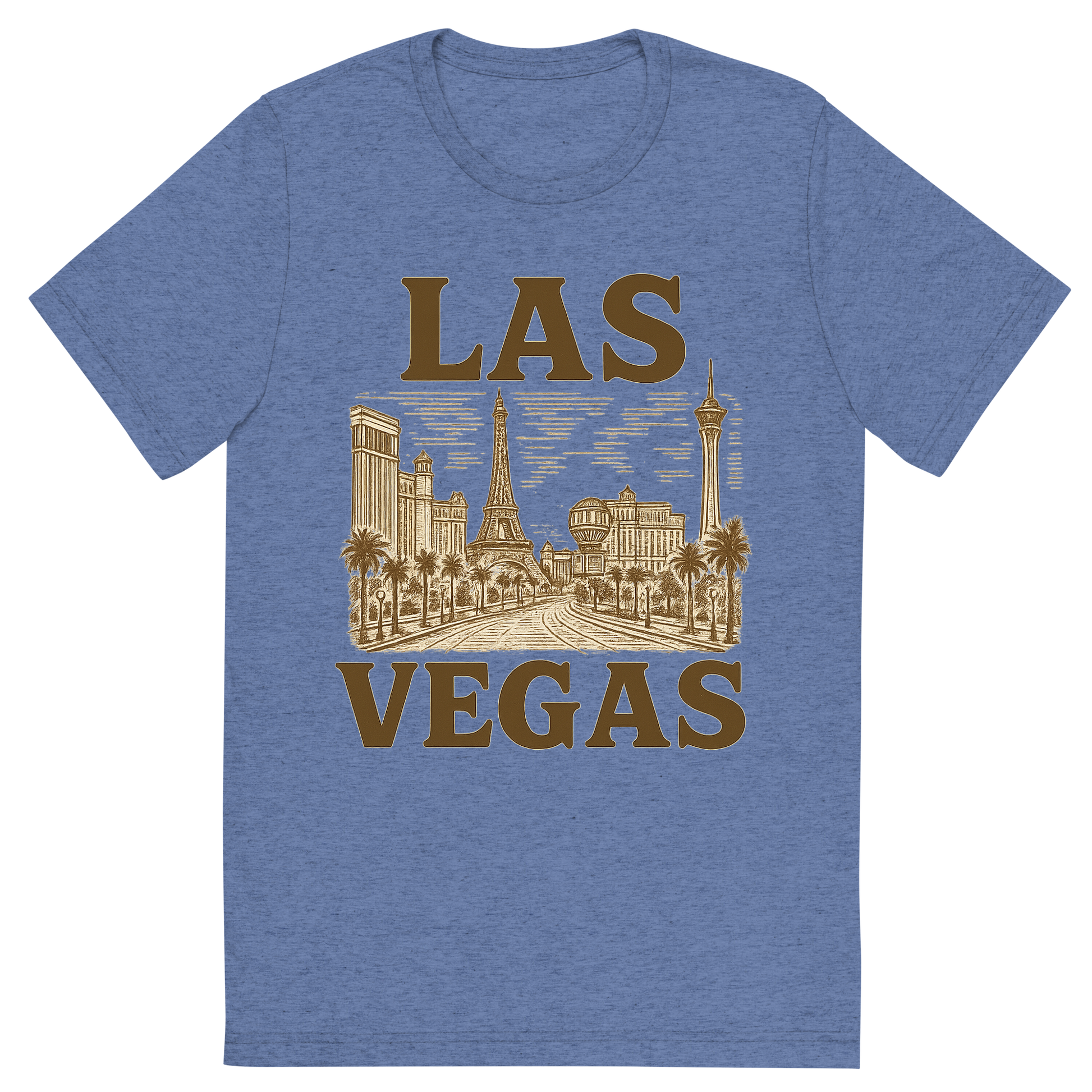 Front view of a Premium Tri-Blend Crew Neck T-Shirt in Blue showing 'A typographic, nostalgic graphic of a typographic illustration of the words 'las vegas' with a vintage line art drawing of the strip'