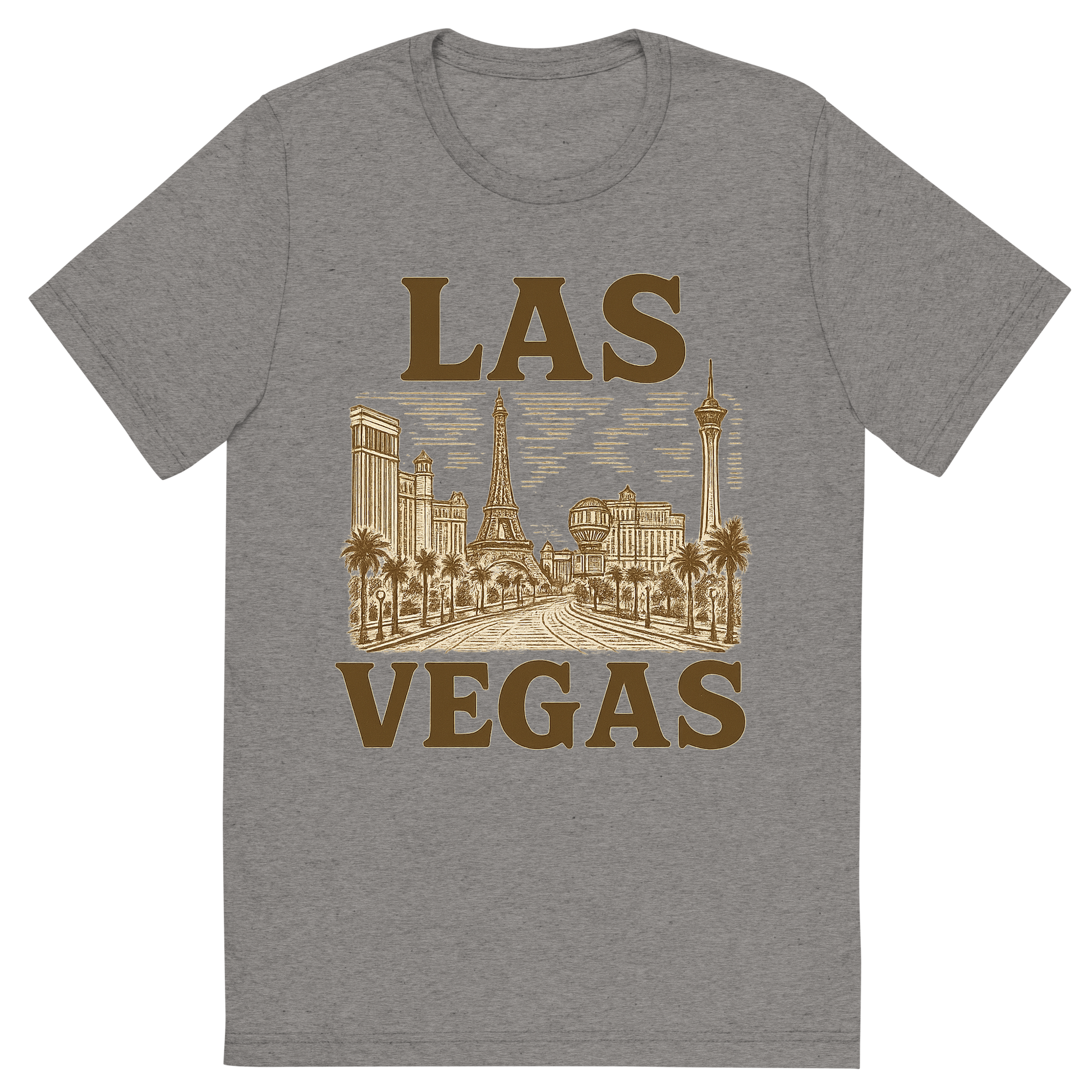 Front view of a Premium Tri-Blend Crew Neck T-Shirt in Grey showing 'A typographic, nostalgic graphic of a typographic illustration of the words 'las vegas' with a vintage line art drawing of the strip'