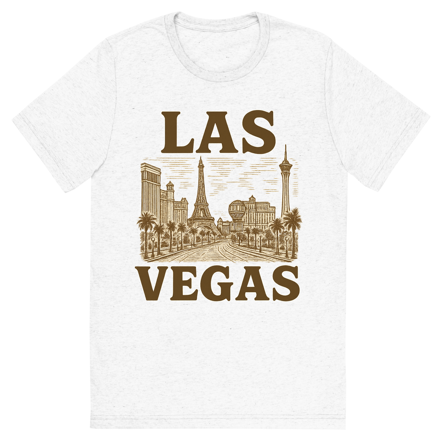 Front view of a Premium Tri-Blend Crew Neck T-Shirt in Solid White showing 'A typographic, nostalgic graphic of a typographic illustration of the words 'las vegas' with a vintage line art drawing of the strip'