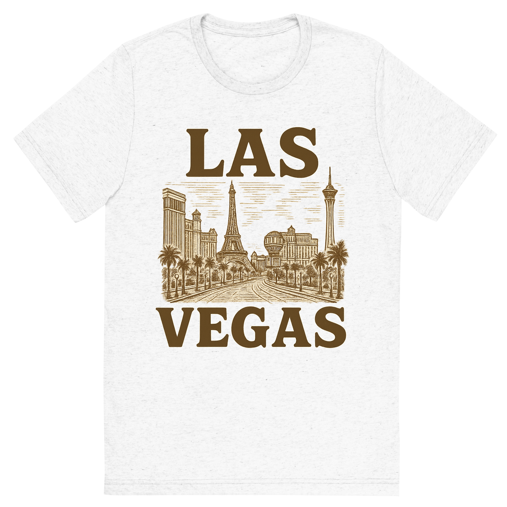 Front view of a Premium Tri-Blend Crew Neck T-Shirt in Solid White showing 'A typographic, nostalgic graphic of a typographic illustration of the words 'las vegas' with a vintage line art drawing of the strip'