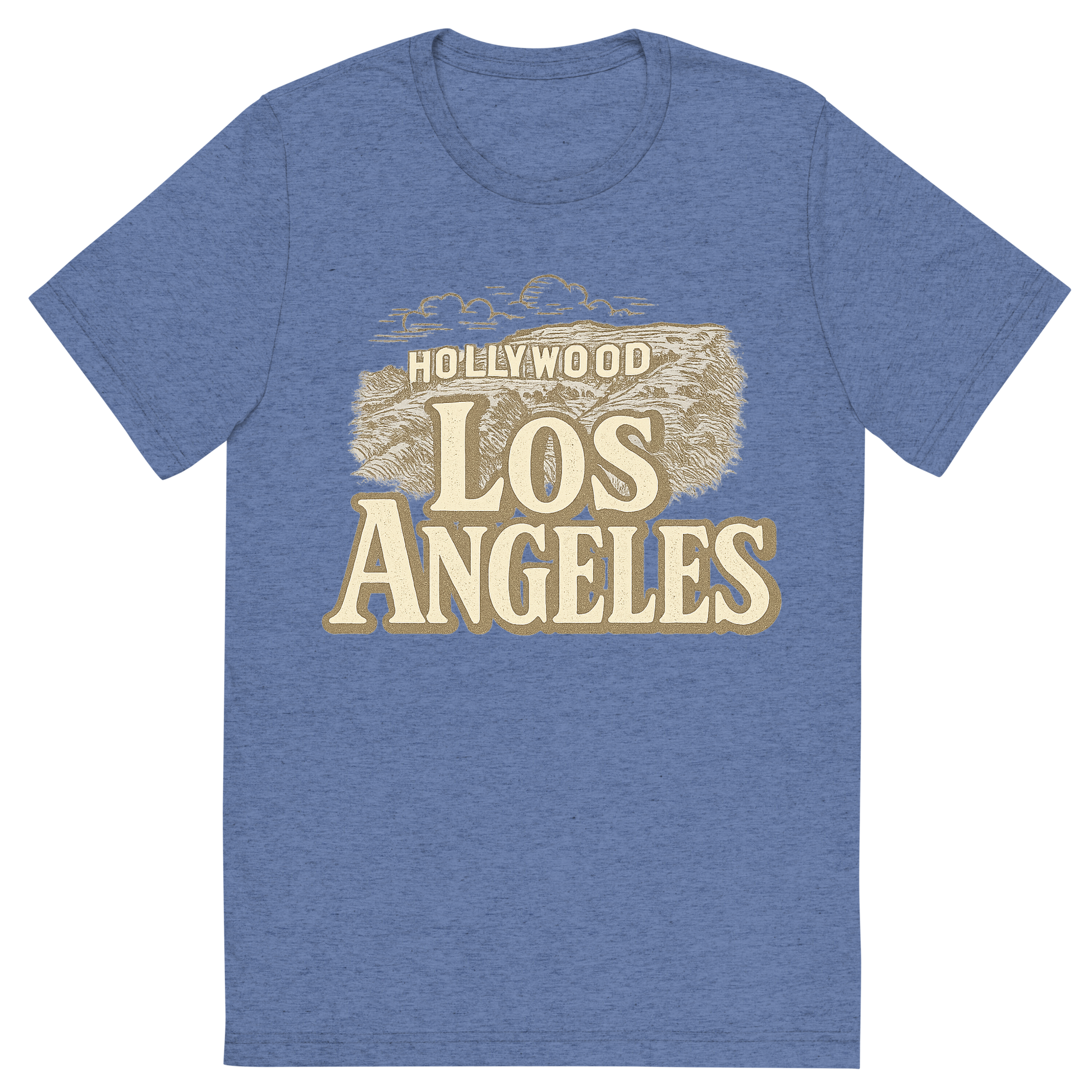 Front view of a Premium Tri-Blend Crew Neck T-Shirt in Blue showing 'A typographic, nostalgic graphic of a typographic illustration of the words 'los angeles' with a vintage line art drawing of the hollywood sign'