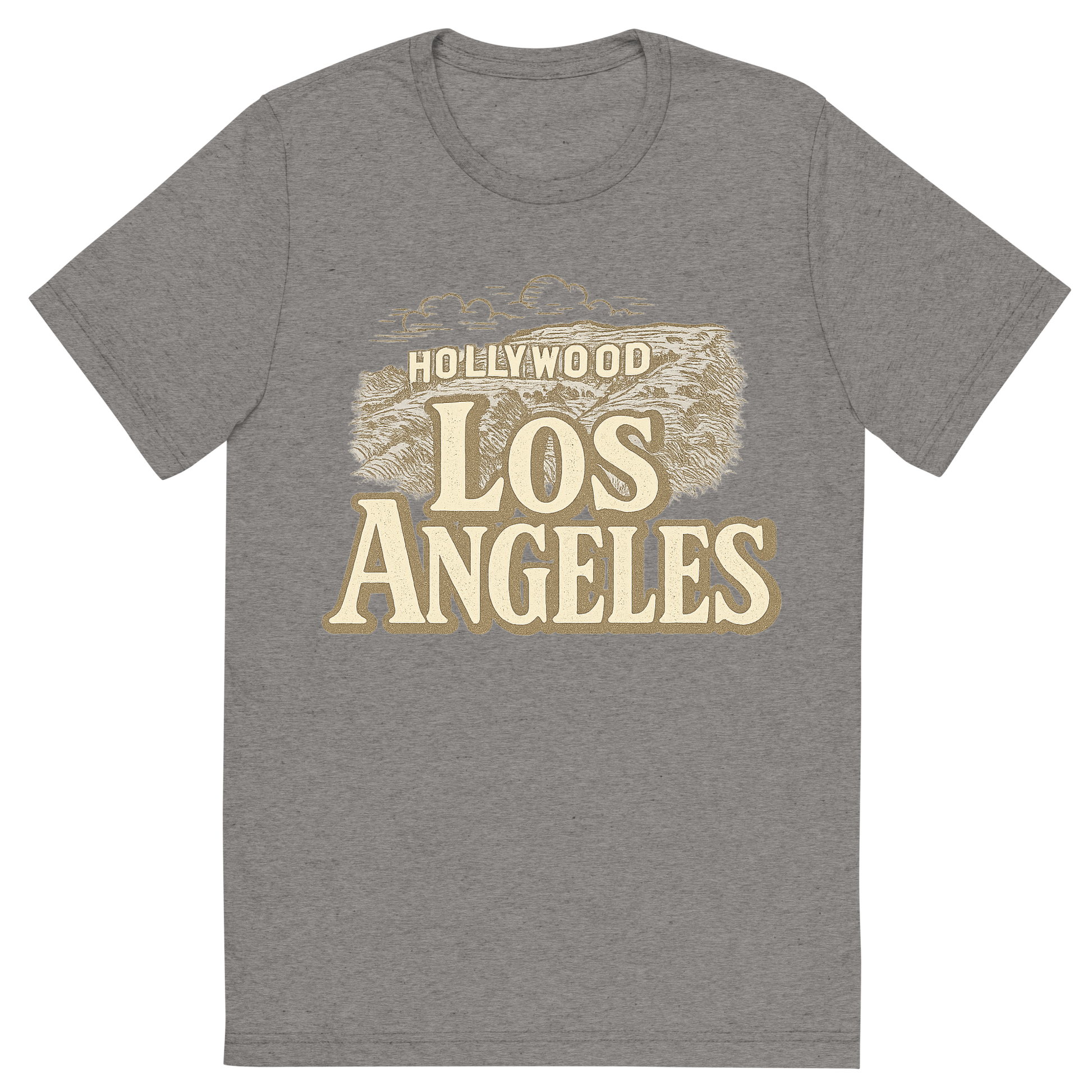 Front view of a Premium Tri-Blend Crew Neck T-Shirt in Grey showing 'A typographic, nostalgic graphic of a typographic illustration of the words 'los angeles' with a vintage line art drawing of the hollywood sign'