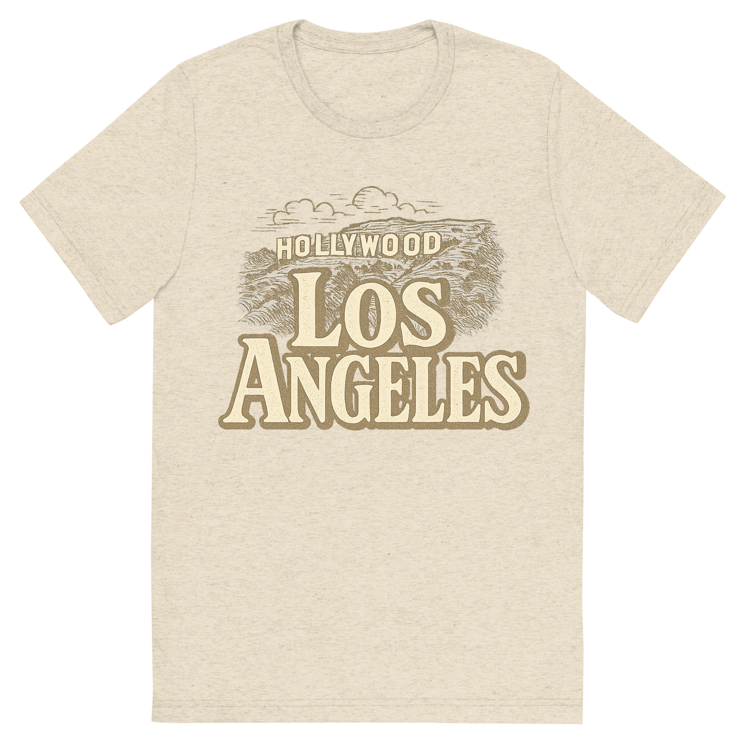 Front view of a Premium Tri-Blend Crew Neck T-Shirt in Oatmeal showing 'A typographic, nostalgic graphic of a typographic illustration of the words 'los angeles' with a vintage line art drawing of the hollywood sign'