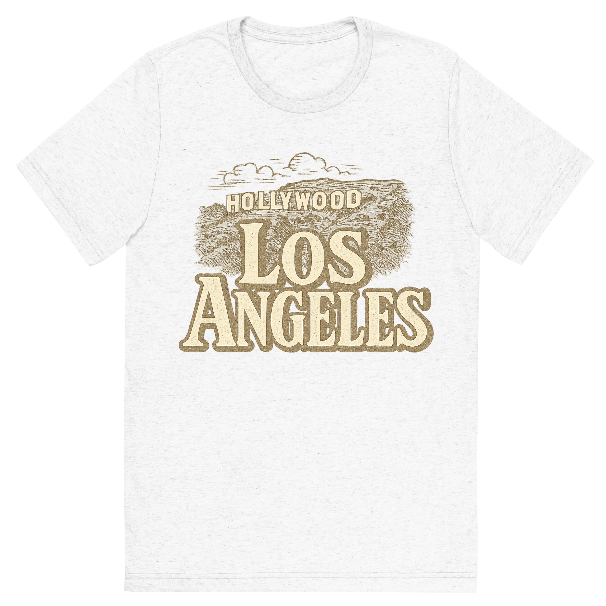 Front view of a Premium Tri-Blend Crew Neck T-Shirt in Solid White showing 'A typographic, nostalgic graphic of a typographic illustration of the words 'los angeles' with a vintage line art drawing of the hollywood sign'