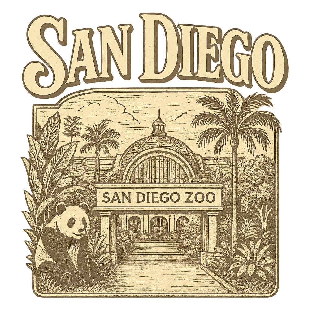 A typographic, nostalgic graphic of a typographic illustration of the words 'san diego' with a vintage line art drawing of the san diego zoo – a t-shirt design