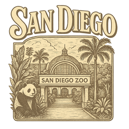 A typographic, nostalgic graphic of a typographic illustration of the words 'san diego' with a vintage line art drawing of the san diego zoo – a t-shirt design