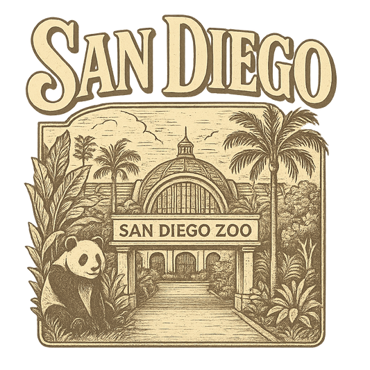 A typographic, nostalgic graphic of a typographic illustration of the words 'san diego' with a vintage line art drawing of the san diego zoo – a t-shirt design