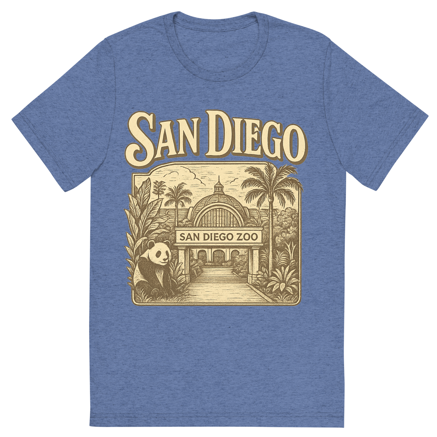 Front view of a Premium Tri-Blend Crew Neck T-Shirt in Blue showing 'A typographic, nostalgic graphic of a typographic illustration of the words 'san diego' with a vintage line art drawing of the san diego zoo'