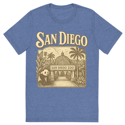 Front view of a Premium Tri-Blend Crew Neck T-Shirt in Blue showing 'A typographic, nostalgic graphic of a typographic illustration of the words 'san diego' with a vintage line art drawing of the san diego zoo'