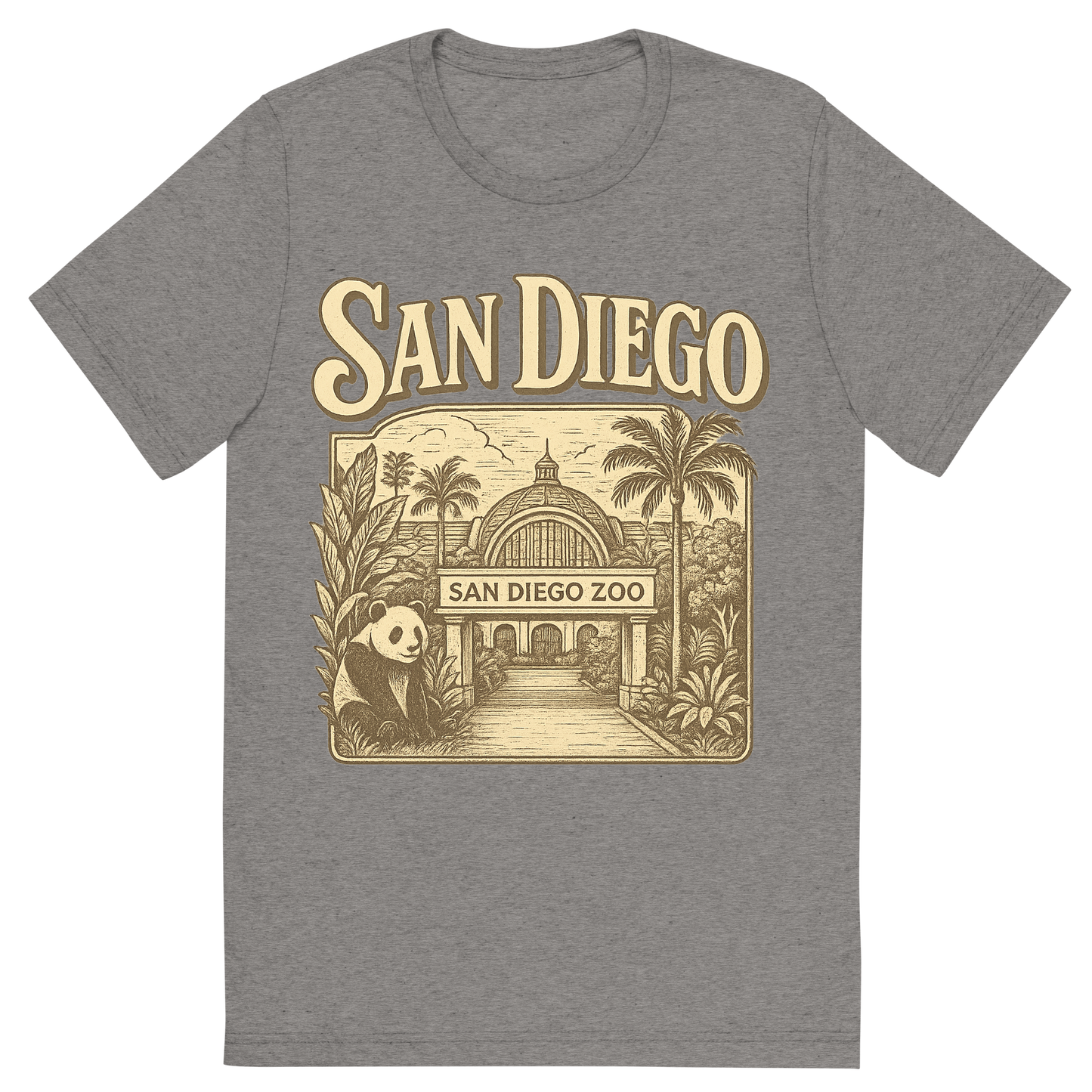 Front view of a Premium Tri-Blend Crew Neck T-Shirt in Grey showing 'A typographic, nostalgic graphic of a typographic illustration of the words 'san diego' with a vintage line art drawing of the san diego zoo'