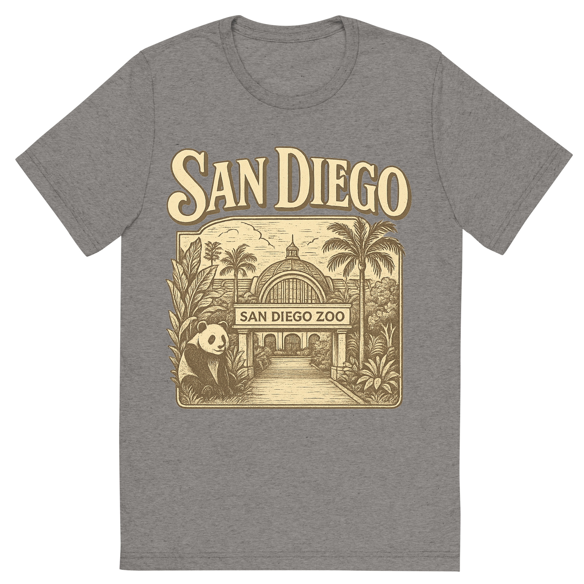 Front view of a Premium Tri-Blend Crew Neck T-Shirt in Grey showing 'A typographic, nostalgic graphic of a typographic illustration of the words 'san diego' with a vintage line art drawing of the san diego zoo'