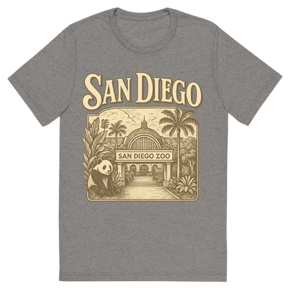 Front view of a Premium Tri-Blend Crew Neck T-Shirt in Grey showing 'A typographic, nostalgic graphic of a typographic illustration of the words 'san diego' with a vintage line art drawing of the san diego zoo'
