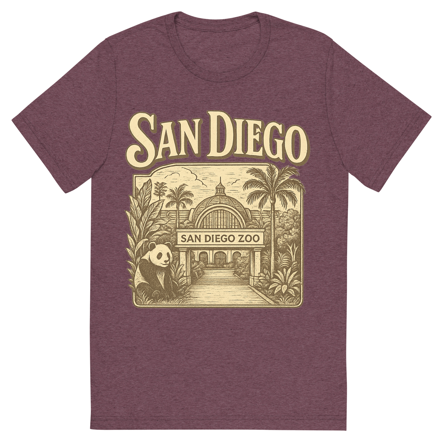 Front view of a Premium Tri-Blend Crew Neck T-Shirt in Maroon showing 'A typographic, nostalgic graphic of a typographic illustration of the words 'san diego' with a vintage line art drawing of the san diego zoo'