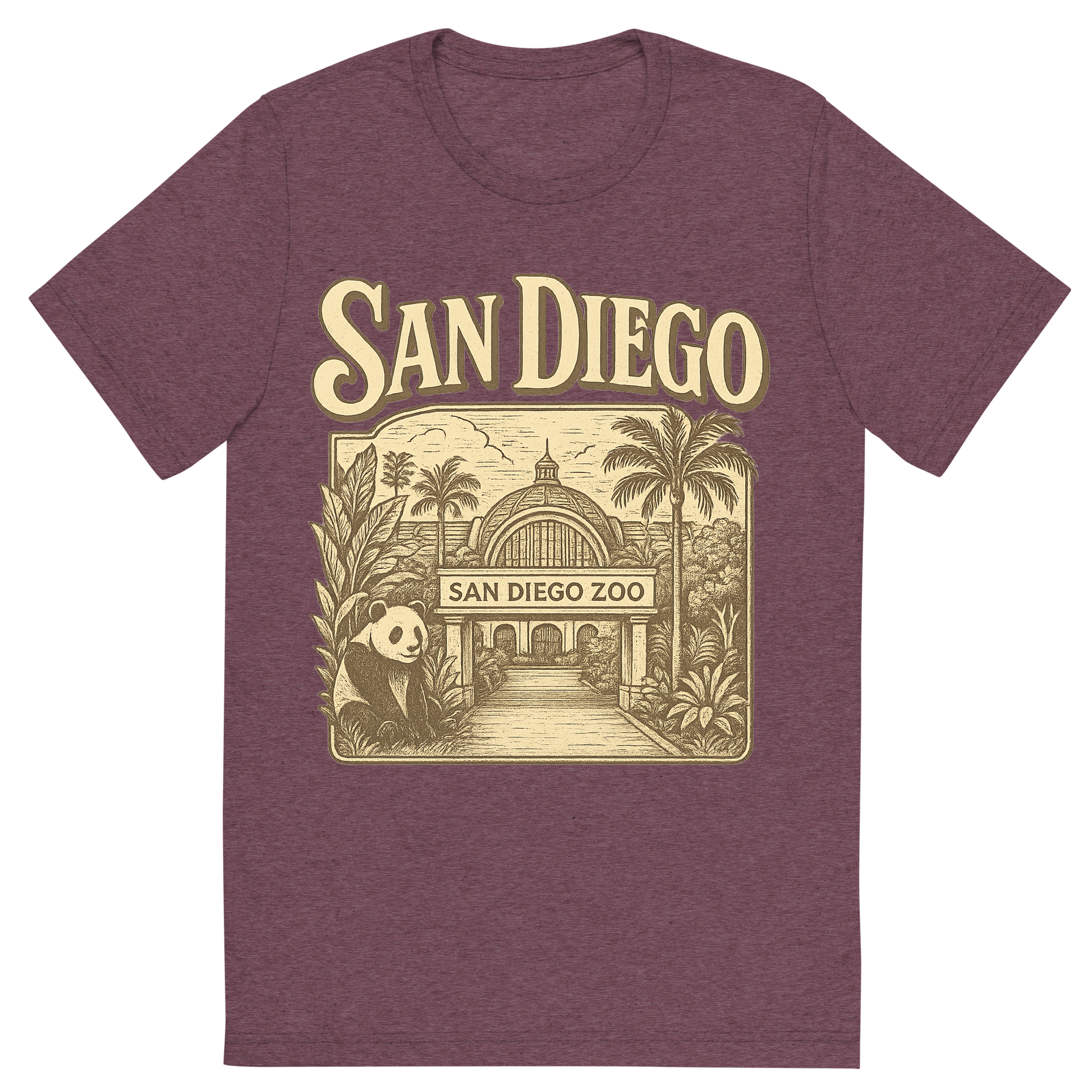 Front view of a Premium Tri-Blend Crew Neck T-Shirt in Maroon showing 'A typographic, nostalgic graphic of a typographic illustration of the words 'san diego' with a vintage line art drawing of the san diego zoo'