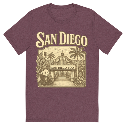 Front view of a Premium Tri-Blend Crew Neck T-Shirt in Maroon showing 'A typographic, nostalgic graphic of a typographic illustration of the words 'san diego' with a vintage line art drawing of the san diego zoo'