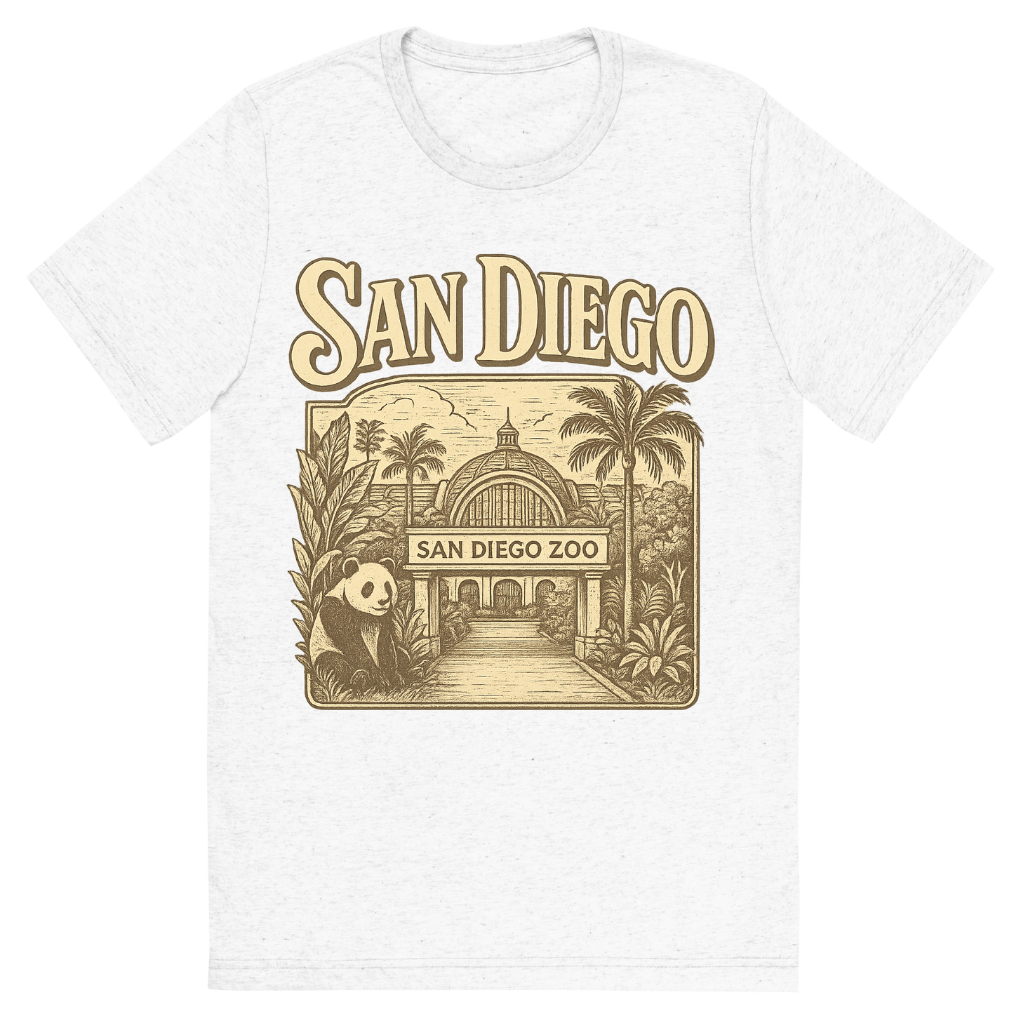 Front view of a Premium Tri-Blend Crew Neck T-Shirt in Solid White showing 'A typographic, nostalgic graphic of a typographic illustration of the words 'san diego' with a vintage line art drawing of the san diego zoo'