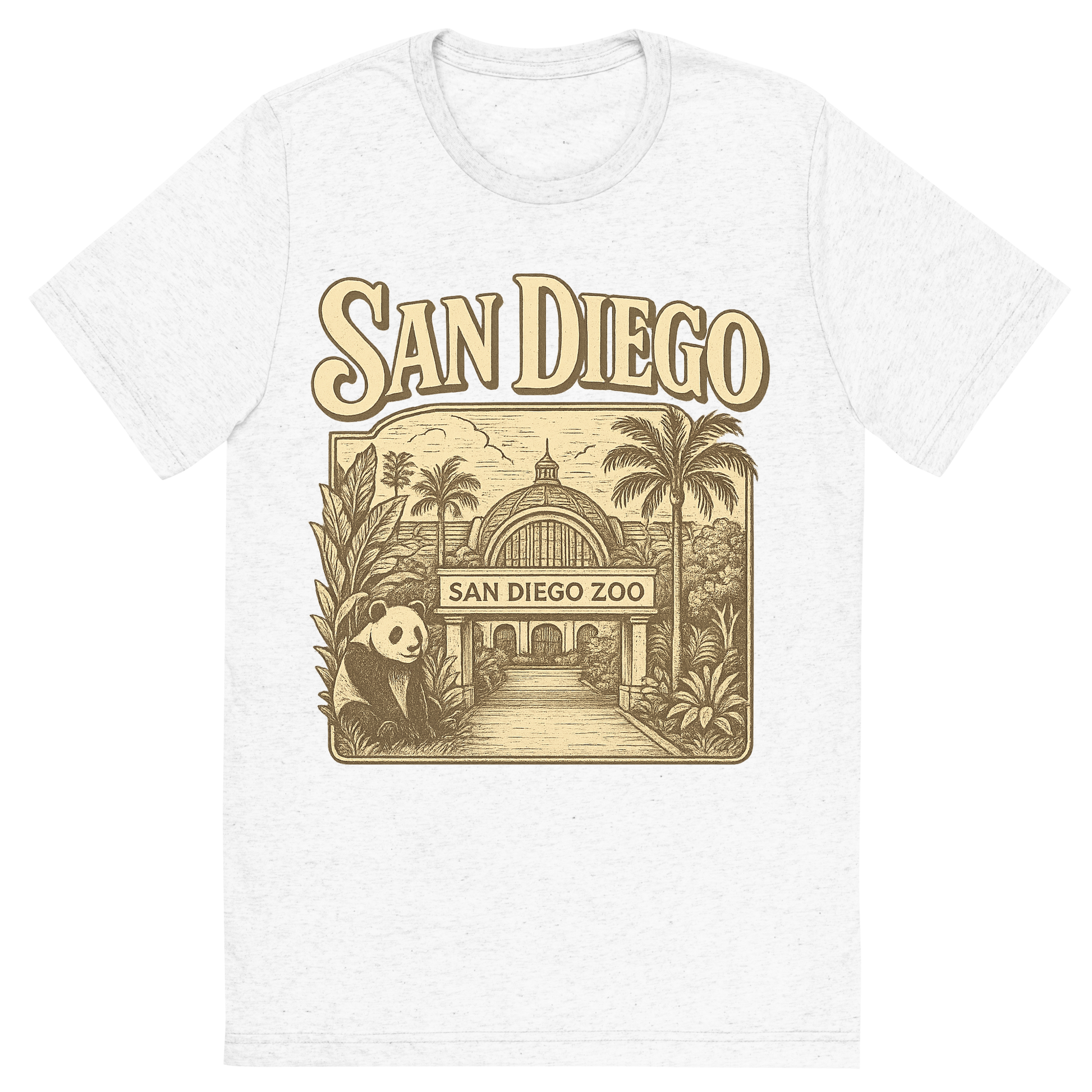 Front view of a Premium Tri-Blend Crew Neck T-Shirt in Solid White showing 'A typographic, nostalgic graphic of a typographic illustration of the words 'san diego' with a vintage line art drawing of the san diego zoo'