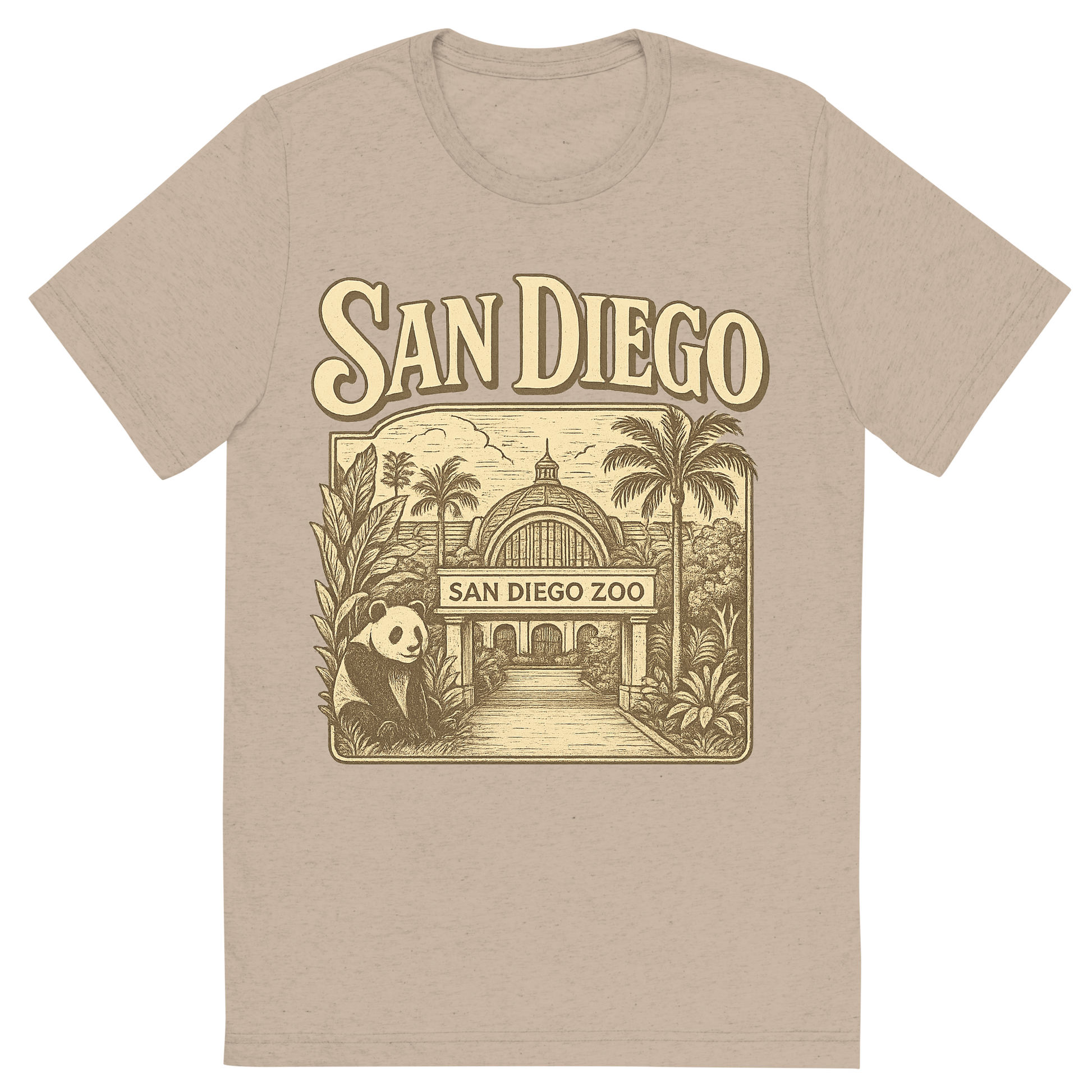 Front view of a Premium Tri-Blend Crew Neck T-Shirt in Tan showing 'A typographic, nostalgic graphic of a typographic illustration of the words 'san diego' with a vintage line art drawing of the san diego zoo'