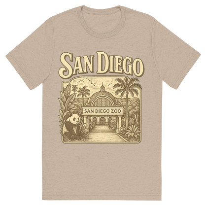 Front view of a Premium Tri-Blend Crew Neck T-Shirt in Tan showing 'A typographic, nostalgic graphic of a typographic illustration of the words 'san diego' with a vintage line art drawing of the san diego zoo'