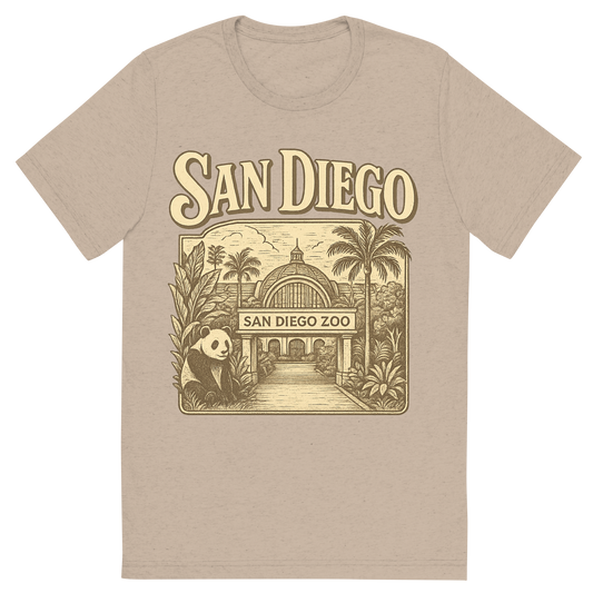 Front view of a Premium Tri-Blend Crew Neck T-Shirt in Tan showing 'A typographic, nostalgic graphic of a typographic illustration of the words 'san diego' with a vintage line art drawing of the san diego zoo'