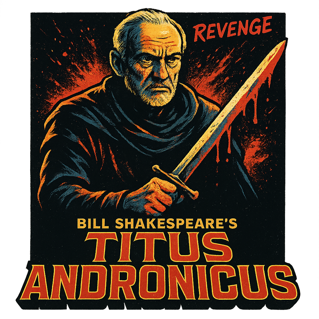 A retro, edgy graphic of a visual representation of a key theme and character from william shakespeare's titus andronicus – a t-shirt design