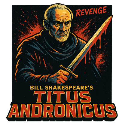 A retro, edgy graphic of a visual representation of a key theme and character from william shakespeare's titus andronicus – a t-shirt design