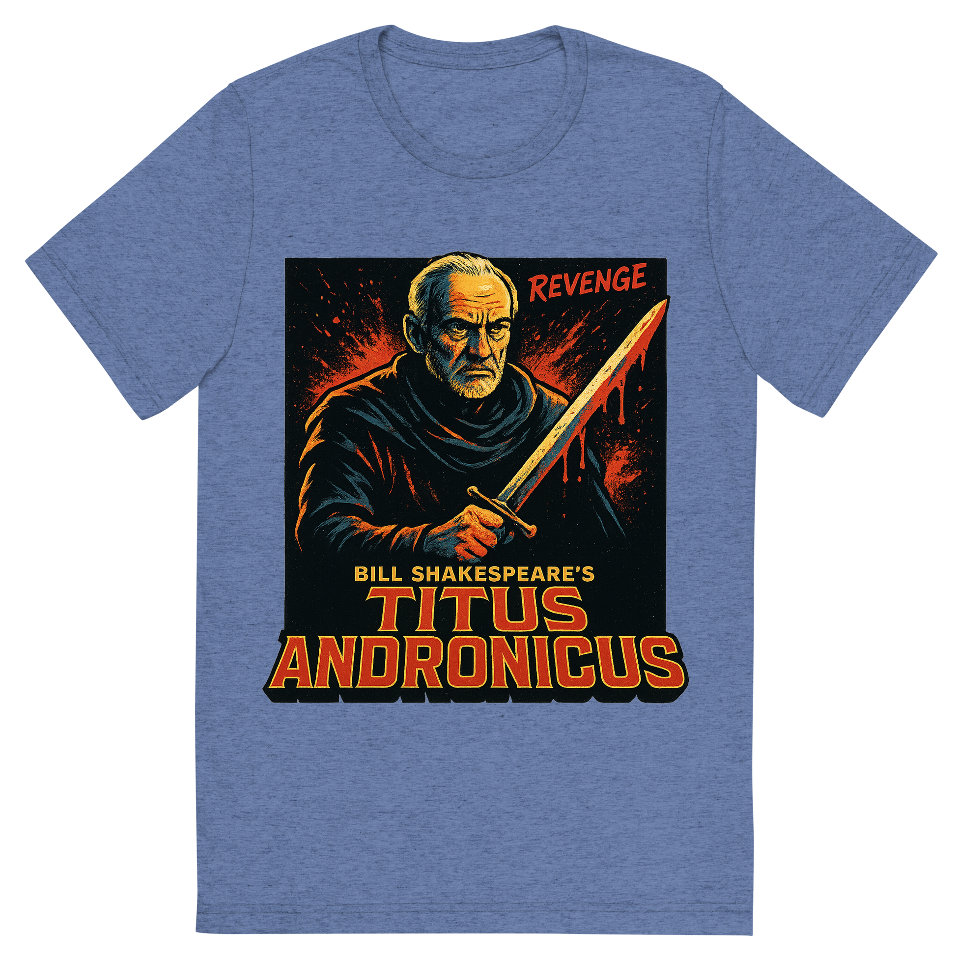 Front view of a Premium Tri-Blend Crew Neck T-Shirt in Blue showing 'A retro, edgy graphic of a visual representation of a key theme and character from william shakespeare's titus andronicus'