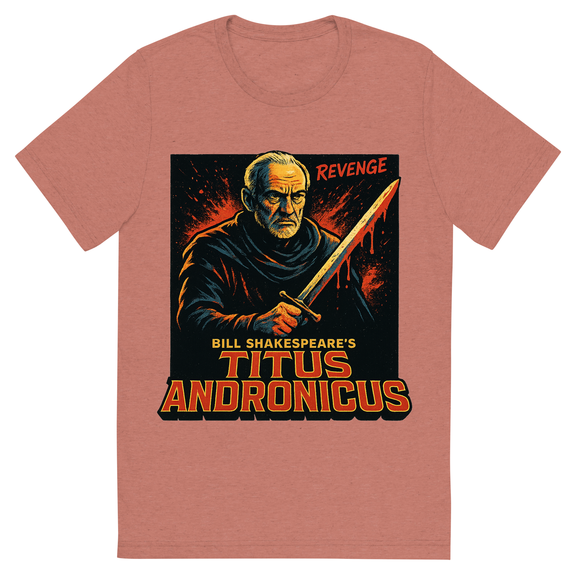 Front view of a Premium Tri-Blend Crew Neck T-Shirt in Mauve showing 'A retro, edgy graphic of a visual representation of a key theme and character from william shakespeare's titus andronicus'