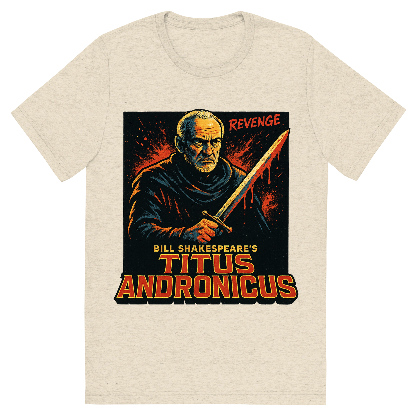 Front view of a Premium Tri-Blend Crew Neck T-Shirt in Oatmeal showing 'A retro, edgy graphic of a visual representation of a key theme and character from william shakespeare's titus andronicus'
