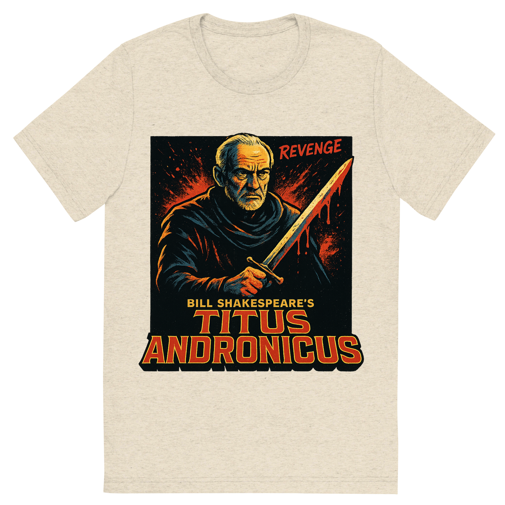 Front view of a Premium Tri-Blend Crew Neck T-Shirt in Oatmeal showing 'A retro, edgy graphic of a visual representation of a key theme and character from william shakespeare's titus andronicus'