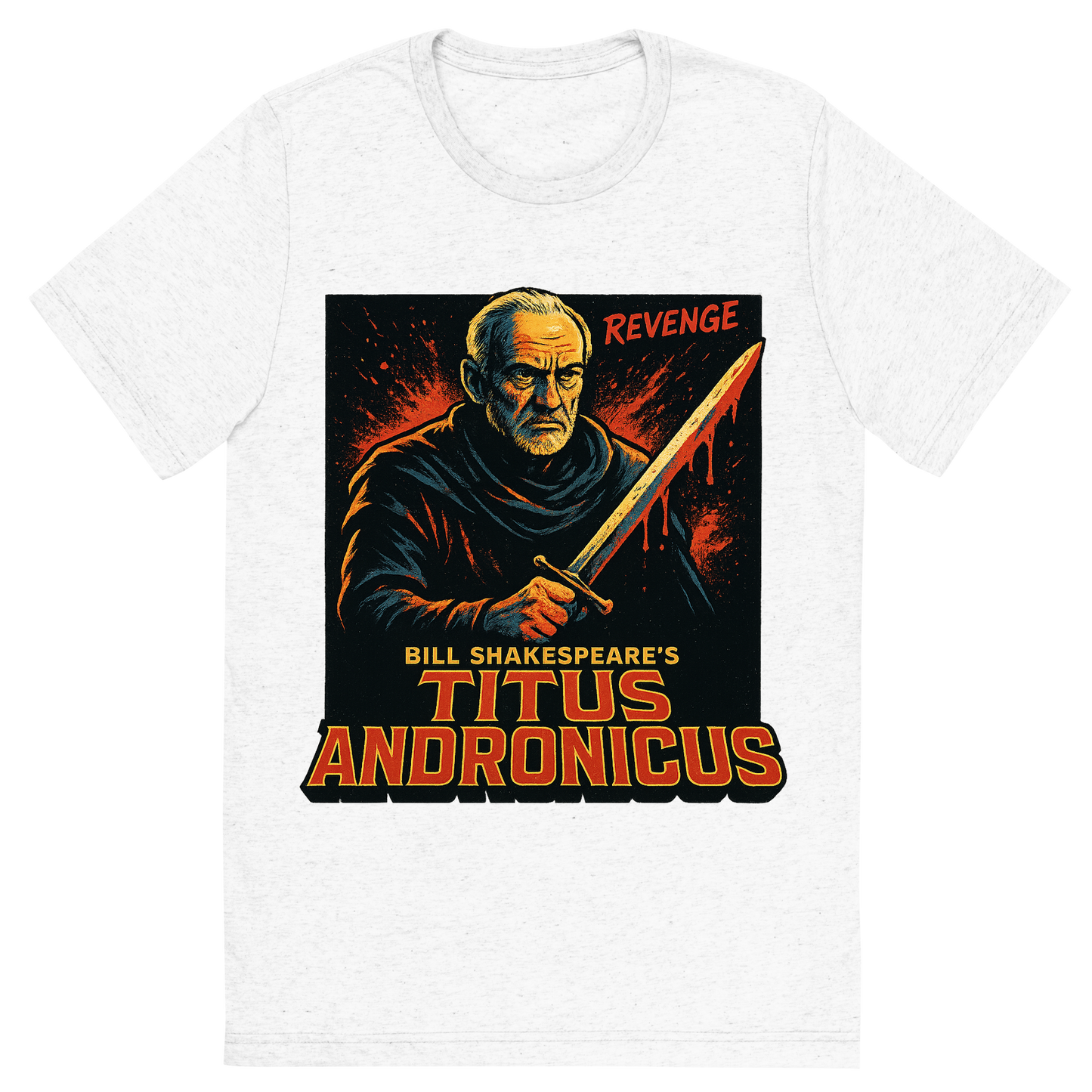 Front view of a Premium Tri-Blend Crew Neck T-Shirt in Solid White showing 'A retro, edgy graphic of a visual representation of a key theme and character from william shakespeare's titus andronicus'
