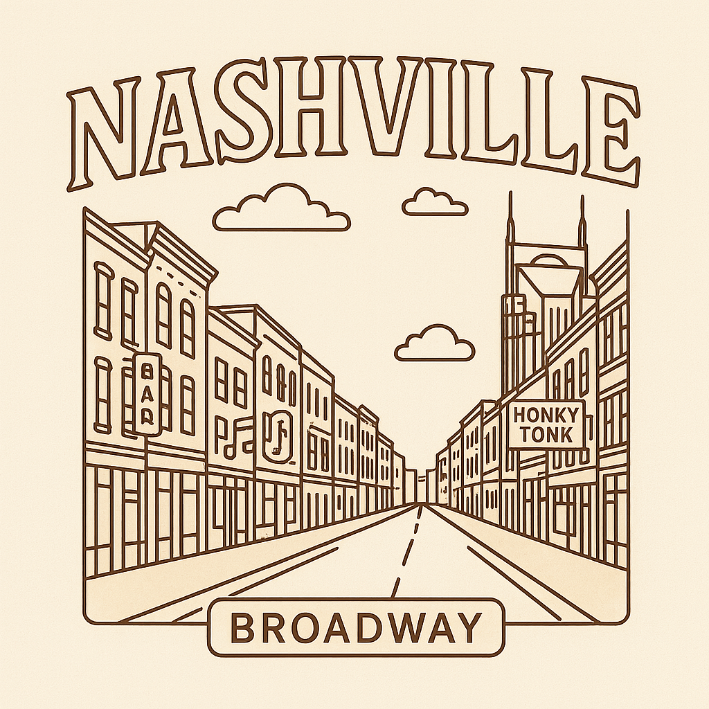 A minimalist, playful graphic of a typographic illustration of the words 'nashville' with a vintage line art drawing of broadway street – a t-shirt design